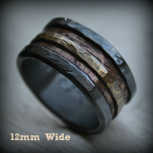 mens wedding band - rustic fine silver copper and brass or 14K gold - handmade artisan designed wide band ring - manly ring - customized