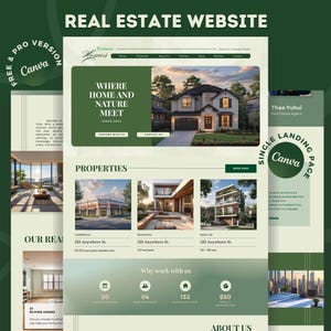 Könnte beinhalten: Ein Immobilien-Website-Design mit einem grün-weißen Farbschema. Die Website zeigt eine Homepage mit einem Hausbild, Immobilienangeboten und einem Single-Landingpage-Design. Das Canva-Logo ist sichtbar.