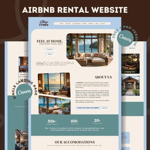Op de afbeelding: Een website sjabloon in lichtblauw en crème voor een Airbnb verhuurservice. Het ontwerp bevat afbeeldingen van vakantiewoningen, de tekst "Feel at Home" en "Airbnb Rental Website". De sjabloon is ontworpen in Canva.