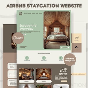 Puede incluir: Una plantilla de sitio web para alquileres de Airbnb. El diseño presenta un acogedor interior de cabaña con una cama y el texto "Escape the Everyday". La plantilla es editable e incluye un descuento por tiempo limitado.