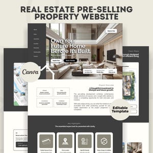 Canva Real Estate Pre-Selling Website Template Realtor Site Property Editable Agency Developer Landing Page Lead Generation Modern Design