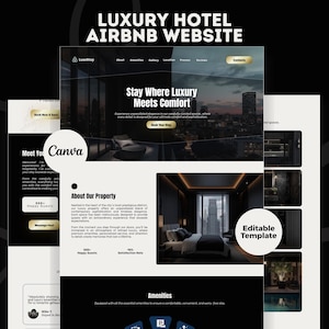May include: A website design for a luxury hotel Airbnb, featuring a dark theme with gold accents. The design includes sections for property information, amenities, and a call to action. The text includes "Luxury Hotel Airbnb Website" and "Stay Where Luxury Meets Comfort."