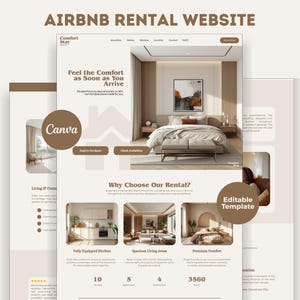 Puede incluir: Un diseño de sitio web para un alquiler de Airbnb, que presenta un dormitorio con una cama, mesitas de noche y obras de arte. El diseño incluye el texto "Feel the Comfort as Soon as You Arrive" y "Why Choose Our Rental?" con el logotipo de Canva y una etiqueta "Editable Template".
