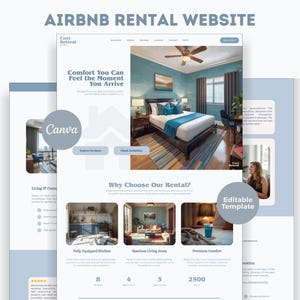 Könnte beinhalten: Eine Website-Vorlage für eine Airbnb-Vermietung mit einem Schlafzimmer mit Bett, Nachttischen und Deckenventilator. Das Design enthält den Text "Comfort You Can Feel the Moment You Arrive" und "Editable Template."