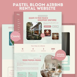 May include: A pastel pink and mint green Airbnb rental website template. The design includes a photo of a house, and the text "ESCAPE TO YOUR PRIVATE BEACHFRONT SANCTUARY!" and "Editable Template". The website is designed in Canva.