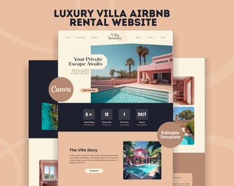 高級ヴィラ賃貸物件 Airbnb Canva ウェブサイトランディングページ カスタマイズ可能なテンプレート ピーチベージュデザイン インスタントデジタルダウンロード
