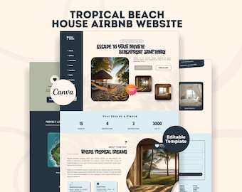 トロピカルビーチ Canva ウェブサイト ハウス Airbnb 予約サイト 海岸沿いのステイケーション 清潔でニュートラルなハウスレンタル ランディングページ 旅行先 リゾート