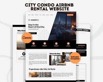 シティコンドミニアムAirbnbウェブサイトテンプレート、短期レンタルランディングページ、モダンなCanvaサイトデザイン、白黒カラーテーマ、即時ダウンロード