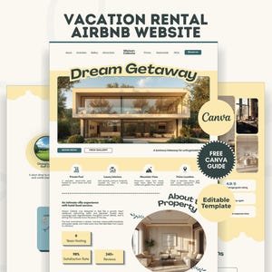 May include: A digital template for a vacation rental Airbnb website featuring a light yellow and white color scheme. The layout includes a hero image of a modern villa, text sections for property details, guest ratings, and editable Canva elements.
