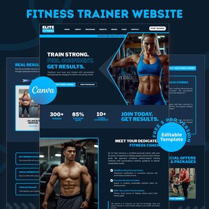 Puede incluir: Diseño de sitio web azul oscuro para un entrenador de fitness. El sitio web presenta imágenes de personas en forma, junto con el texto "Train Strong. Feel Confident. Get Results." y "Join Today. Get Results."