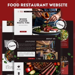 May include: A website design for a food restaurant, with a dark colour scheme and images of food and restaurant interiors. The design includes the text "FOOD RESTAURANT WEBSITE", "WHERE FLAVOR MEETS FIRE", and "LESAN SALAD". The design also includes the Canva logo.