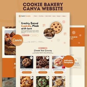 May include: A website template for a cookie bakery, featuring a light beige background with the text "COOKIE BAKERY CANVA WEBSITE." The website design includes images of cookies, the text "Freshly Baked Cookies, Made with love," and the Canva logo.