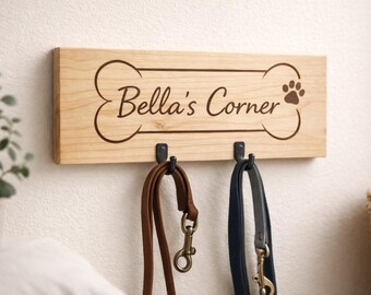 Porte-laisse personnalisé pour chien | Prénom personnalisé pour animal de compagnie | Crochet mural en bois rustique | Décoration d'entrée
