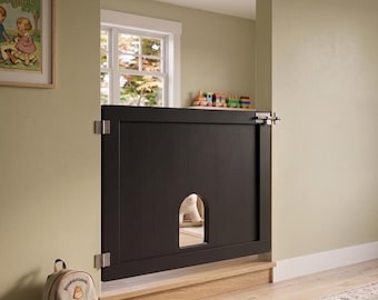 Custom Wood Pet Gate with Cat Door | Indoor Outdoor Stair Barrier