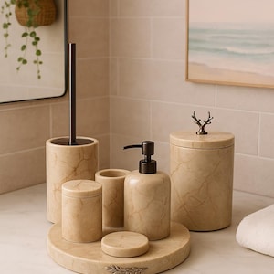 7-Piece Natural Marble Bathroom Set – Handmade Tray, Soap Dispenser, Toothbrush Holder, Soap Dish, Cotton Jar, Trash Can, Toilet Brush