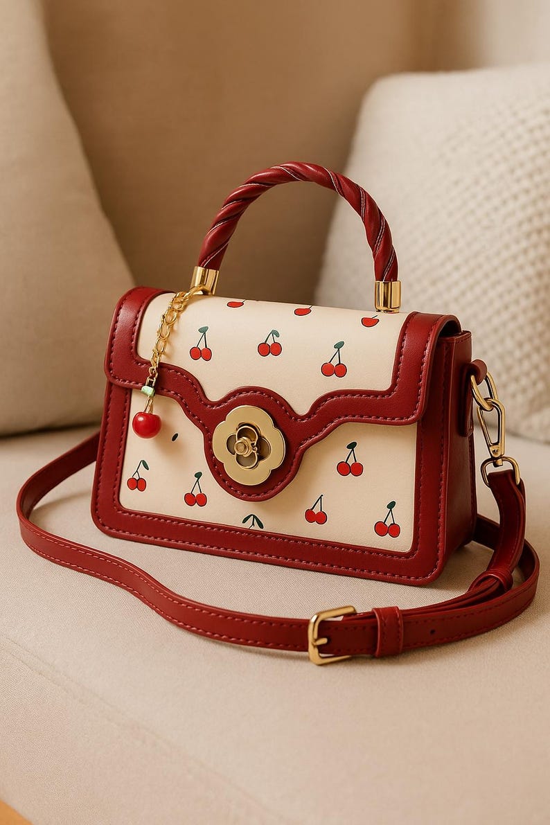 Cherry Print Mini Crossbody Bag  Red Vegan Leather Shoulder Purse for ...