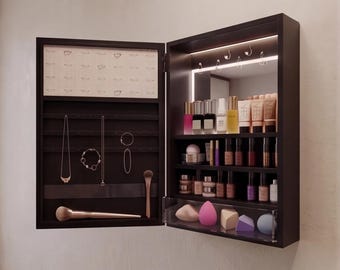 Wall Mounted Jewelry Cabinet, LED Mirror Vanity Armoire, Black Earring Holder Organizer
