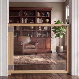 May include: A light wood baby gate installed in a doorway. The gate has a clear panel and is framed by light-colored wood. The gate is in front of a room with a brown leather armchair, a bookcase filled with books, and a patterned rug.