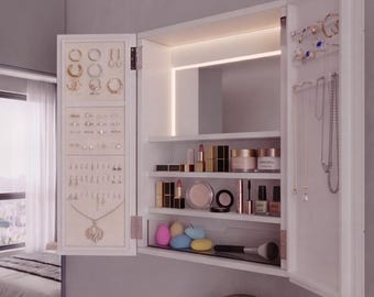 Armoire à bijoux murale, vanité de mariée blanche à double porte, rangement pour miroir de mariage