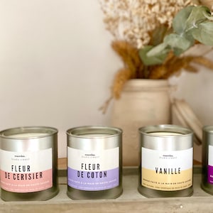 Peut inclure: Quatre bougies en boîtes métalliques argentées, avec des étiquettes en français. Les étiquettes indiquent "Fleur de Cerisier", "Fleur de Coton", "Vanille" et "Mure Myrtille". Un vase de fleurs séchées et de verdure est en arrière-plan.