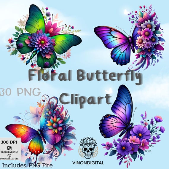 Colorful Butterfly PNG Bundle | 30 Floral Fantasy Butterflies Clipart | Sublimation Printable | 300 DPI Transparent