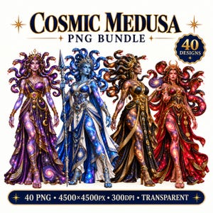 Könnte beinhalten: Ein digitales Grafikpaket mit dem Titel COSMIC MEDUSA PNG BUNDLE mit 40 Designs. Das Bild zeigt vier verschiedene Medusa-Figuren mit Schlangenhaar, die jeweils in himmlisch gestalteten Gewändern in den Farben Violett, Blau, Schwarz und Rot gekleidet sind.
