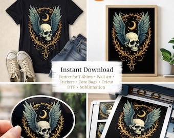 Gevleugelde schedel, png, gotische tattookunst, wassende maan (digitale download)
