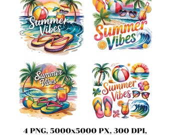 Summer Vibes T-shirt Design Bundle, Tropical Beach PNG Clipart (Digital Download)