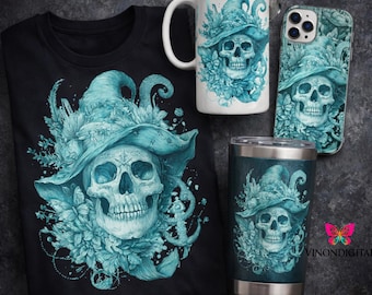 Puede incluir: Una camiseta negra, una taza de cerámica blanca, un vaso de acero inoxidable y una funda para móvil, todos con una ilustración gráfica en color cerceta de un cráneo humano con sombrero de ala ancha rodeado de flores, tentáculos y un ancla.