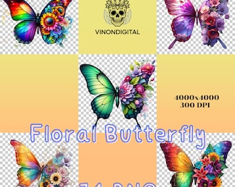 Paquete de imágenes prediseñadas de mariposas, 74 diseños PNG florales para sublimación para manualidades con Cricut.