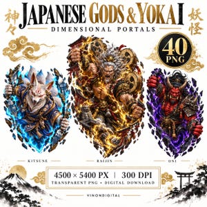 Könnte beinhalten: Eine digitale Sammlung mit dem Titel Japanese Gods & Yokai Dimensional Portals mit 40 PNG-Dateien. Das Bild zeigt drei detaillierte Illustrationen: einen weißen Kitsune, einen goldenen Raijin mit Trommeln und einen roten Oni, die aus Portalen treten.