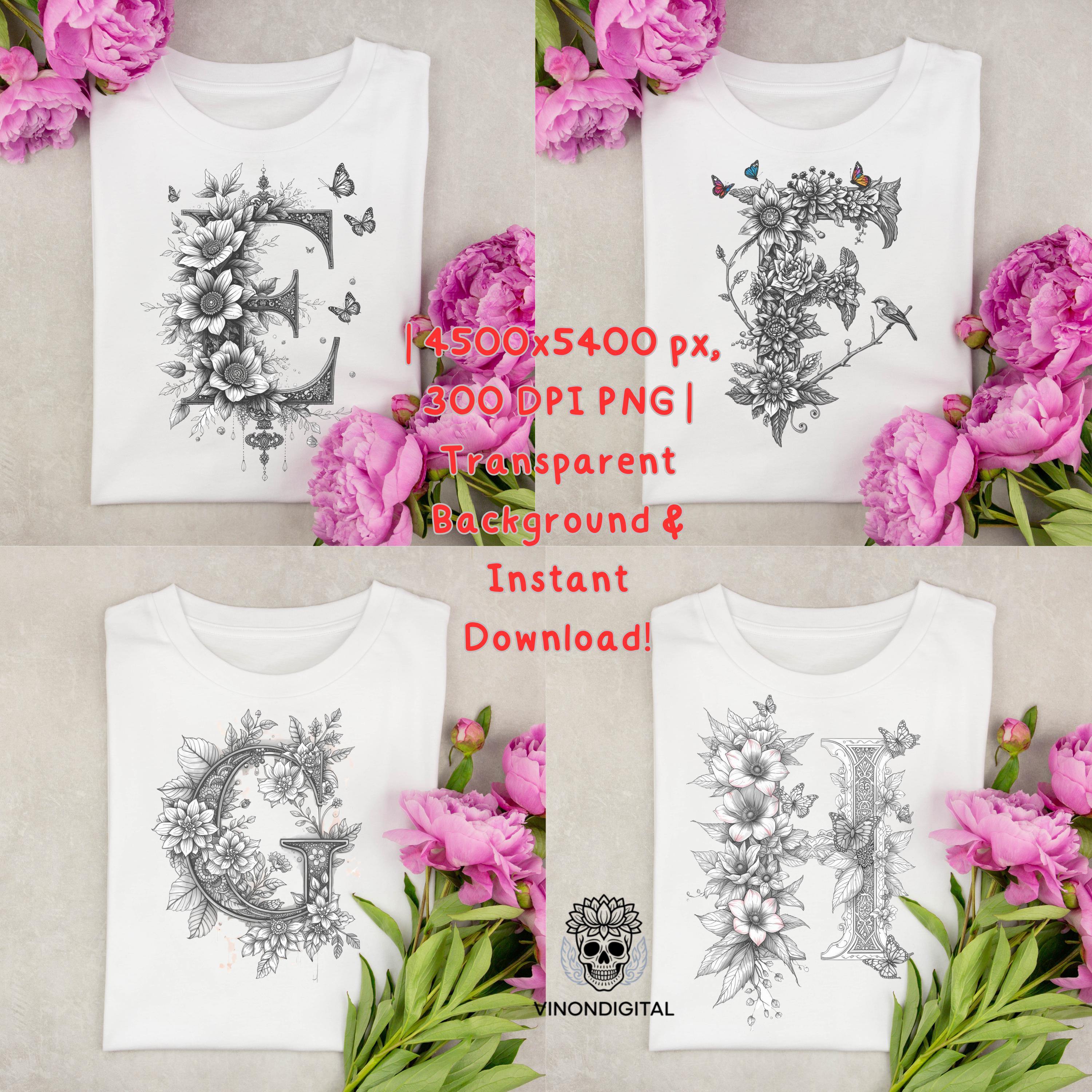 Floral Alphabet Clipart: Botanical Monogram Letters PNG (digital ...