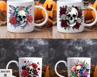 Bundle med blommiga clipart-motiv med dödskalle: Gotiska blommor, sublimeringskonst (digital nedladdning, 300 DPI PNG)