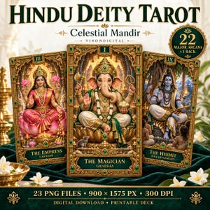 May include: A digital tarot card deck titled Hindu Deity Tarot Celestial Mandir featuring 22 Major Arcana cards. The image displays three ornate cards: The Empress Lakshmi, The Magician Ganesha, and The Hermit Dakshinamurti, all with gold frames.