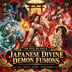 Może przedstawiać: Kolekcja sztuki cyfrowej zatytułowana 40 PNG BUNDLE JAPANESE DIVINE DEMON FUSIONS 4500 x 5400 PX 300 DPI TRANSPARENT przedstawiająca wiele postaci fantasy z rogami, w tradycyjnych strojach, z magicznymi elementami i bramą torii w tle.