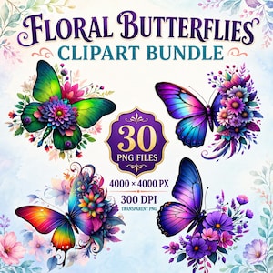 Pacote de PNGs de borboletas, clipart de borboletas florais, design para sublimação, estampa para camisetas, uso comercial.
