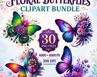 Paquete de imágenes PNG de mariposas, imágenes prediseñadas de mariposas florales, diseño para sublimación, gráficos para camisetas, uso comercial.