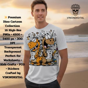 May include: White t-shirt featuring a cartoon illustration of two dinosaurs holding pencils and papers with math problems. The shirt also has the text "Premium Dino Cartoon Collection" and "VINONDIGITAL".