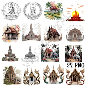 Vintage Watercolor Thai Buddha Clipart Bundle: Temple, Elephant, Heritage PNG (Digital Download