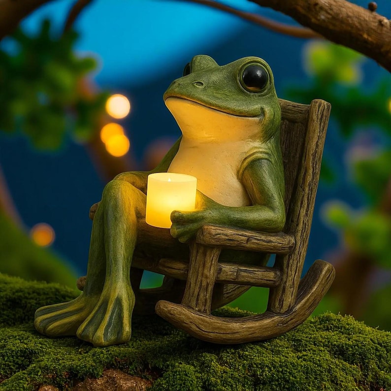 Kann enthalten: Eine grüne Froschfigur, die in einem Holzschaukelstuhl sitzt und eine leuchtende Kerze hält. Der Frosch hat große schwarze Augen und einen entspannten Ausdruck. Der Stuhl ist aus verwittertem Holz gefertigt, und die Szene befindet sich im Freien.