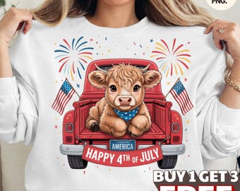 4 juli Highland Cow PNG, Highland Cow Clipart söt, 4 juli-skjorta, sublimeringsfiler, självständighetsdagen, röd vit blå, 4 juli