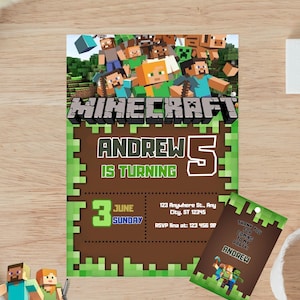 編集可能なブロック状の誕生日招待状、Minecrafterの誕生日、キッズパーティーのデジタル招待状、ゲーマー招待状、Canva、印刷可能