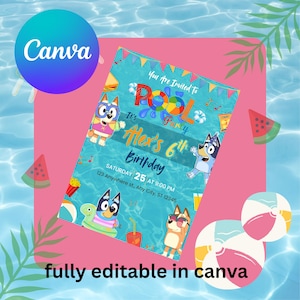 Bluey birthday party invitation, bluey pool party invitation, pool party invitation, summer birthday invitation, Printable