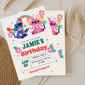 Modelo de convite de aniversário editável Stitch, convites de aniversário para impressão, convite digital para festa infantil, convite digital para cartão de aniversário, Stitch