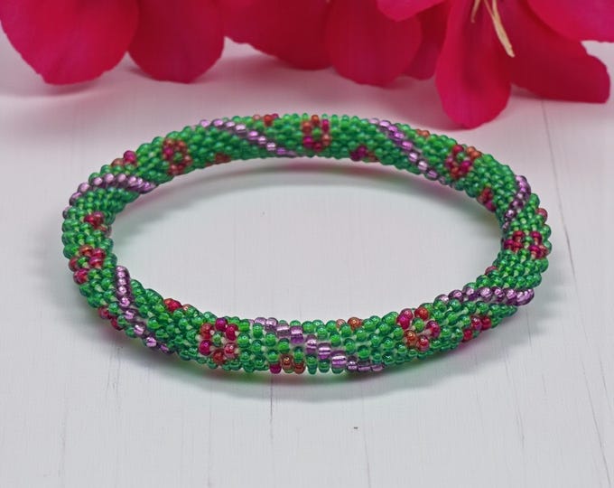 Seed Bead Bracelet |  Handmade Nepal Crochet | Glass Beaded Jewelry - ENCHANTED BLOOM