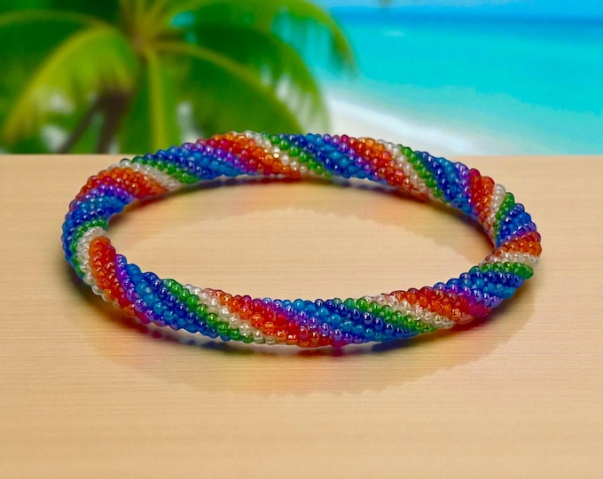 Seed Bead Bracelet |  Handmade Nepal Crochet | Glass Beaded Jewelry - SAPPHIRE RAINBOW