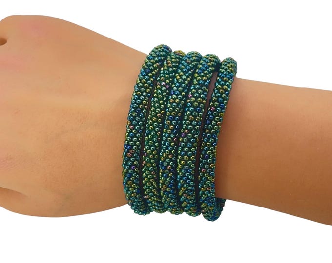 Seed Bead Bracelet |  Handmade Nepal Crochet | Glass Beaded Jewelry - EMERALD MIRAGE