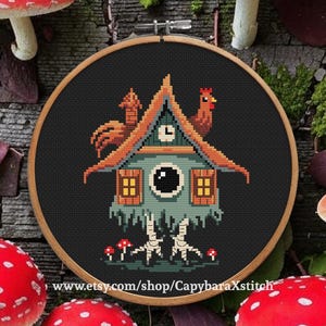 Baba Yaga Cross Stitch Pattern PDF Baba Yaga House With Rooster And Amanita Mushroom Spooky Halloween Embroidery Design Slavic Fairy tale