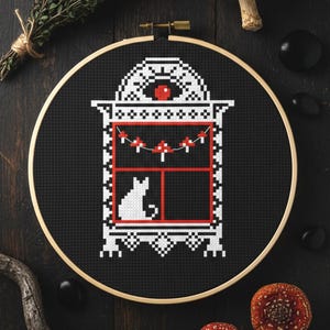 Witch Cross Stitch Pattern PDF: Baba Yaga Hut Halloween Spooky Window Gothic Amanita (Digital file)