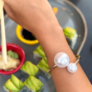 Vintage Gold Cuff Bracelet– Gold Layered/ Pearl Open Bangle Bracelet/ Statement Pearl,  Cuff Bracelet/ Statement Bracelet for Women